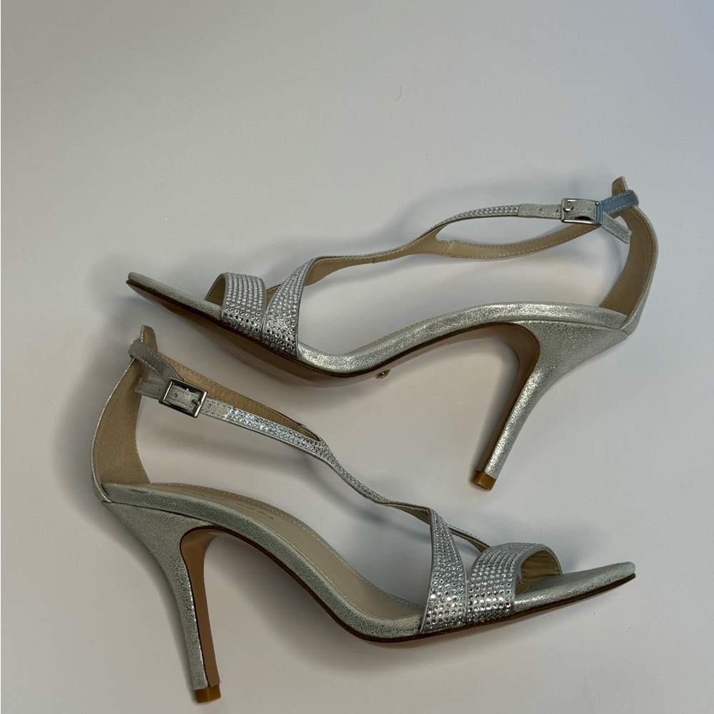 Sliver Rhinestone T-Strap Style Heels - Picture 2 of 8